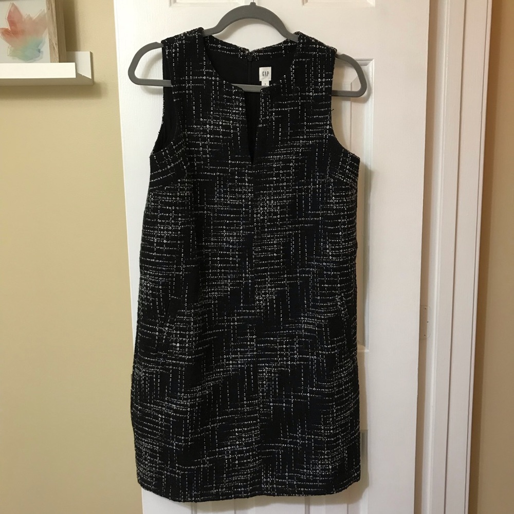 Sleeveless Split-Neck Tweed Shift Dress
